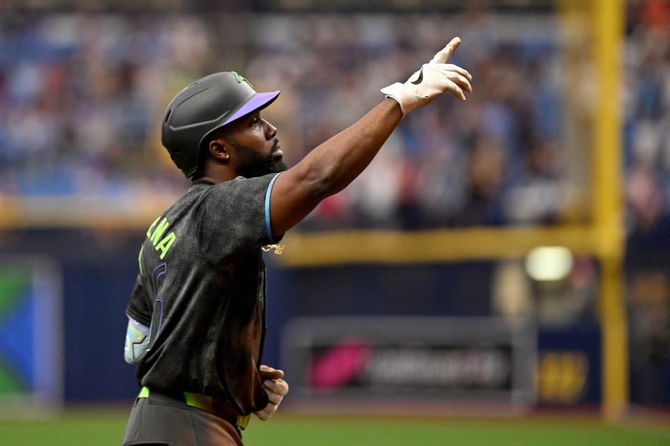 Tampa Bay Rays left fielder fielder Randy Arozarena (56) celebrates after hitting a solo home run to tie the game in the bottom of the ninth inning against the New York Mets on May 5, 2024, at Tropicana Field.