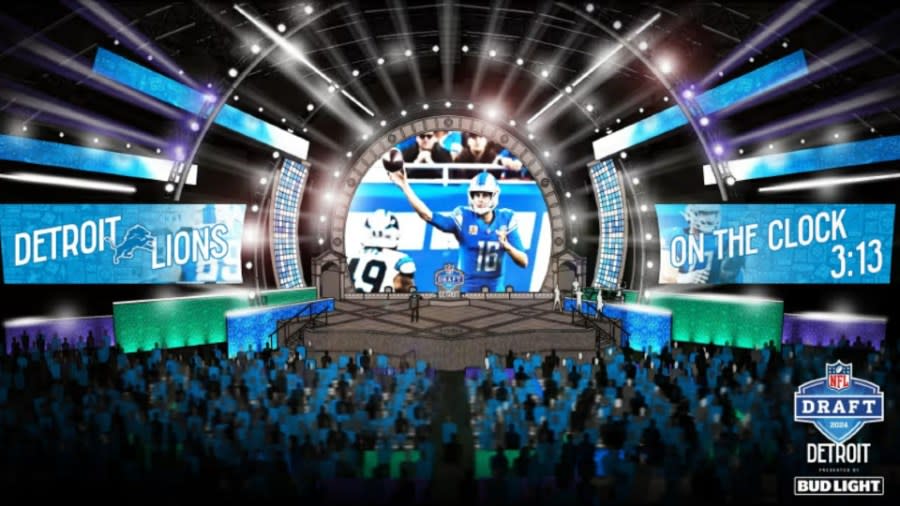 A rendering of the primary stage for the upcoming 2024 NFL Draft in downtown Detroit.