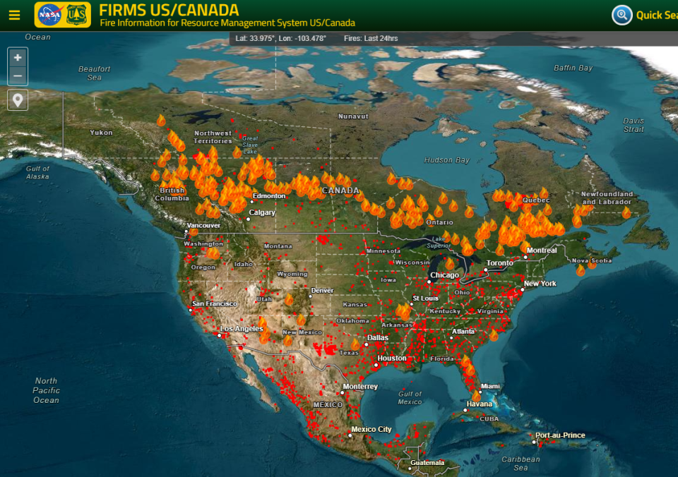 Fires are shown burning across Canada in this June 30, 2023 map created by NASA and the Fire Information for Resource Management System US/Canada.