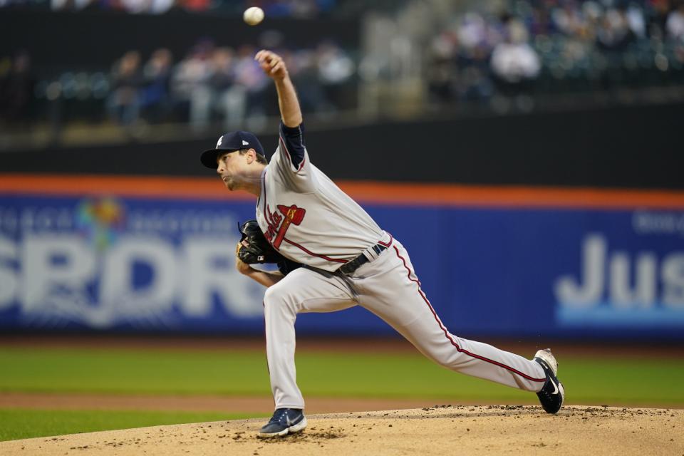 Atlanta Braves' Max Fried pitches during the first inning of a baseball game against the New York Mets Monday, May 2, 2022, in New York. (AP Photo/Frank Franklin II)