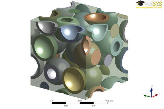 A 3-D computer model showing hollow particles inside a polymer. Engineers made the polymer transparent to better reveal how the hollow glass particles are distributed within the material.