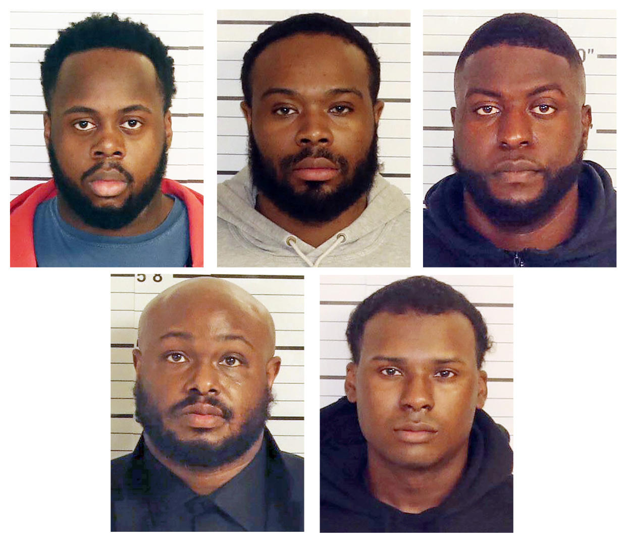 This combo of booking images provided by the Shelby County Sheriff's Office shows, from top row from left, Tadarrius Bean, Demetrius Haley, Emmitt Martin III, bottom row from left, Desmond Mills, Jr. and Justin Smith. The five former Memphis police officers have been charged with second-degree murder and other crimes in the arrest and death of Tyre Nichols, a Black motorist who died three days after a confrontation with the officers during a traffic stop, records showed Thursday, Jan. 26, 2023. (Shelby County Sheriff's Office via AP)