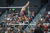 Gabby Douglas competes on the uneven bars during the U.S. Classic gymnastics event Saturday, May 18, 2024, in Hartford, Conn. (AP Photo/Bryan Woolston)