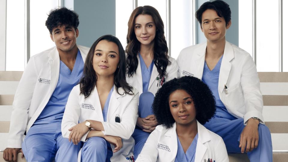 Niko Terho, Adelaide Kane, Harry Shum Jr., Alexis Floyd and Midori Francis on Grey's Anatomy.