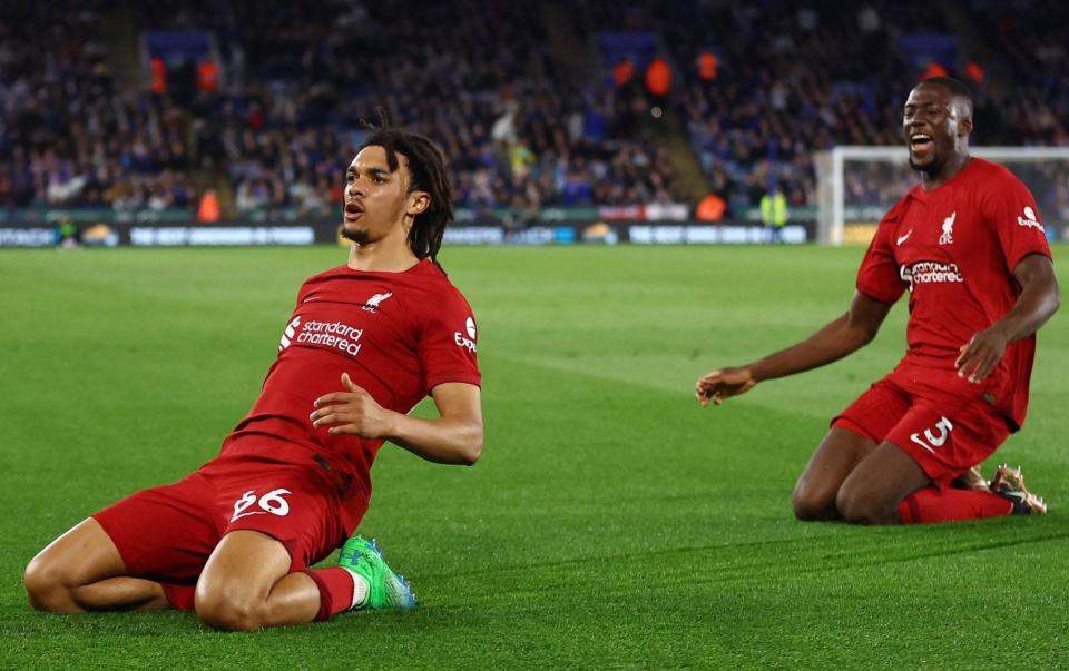 Liverpool&#39;s Trent Alexander-Arnold celebrates scoring the third goal with Ibrahima Konate - Reuters/Carl Recine