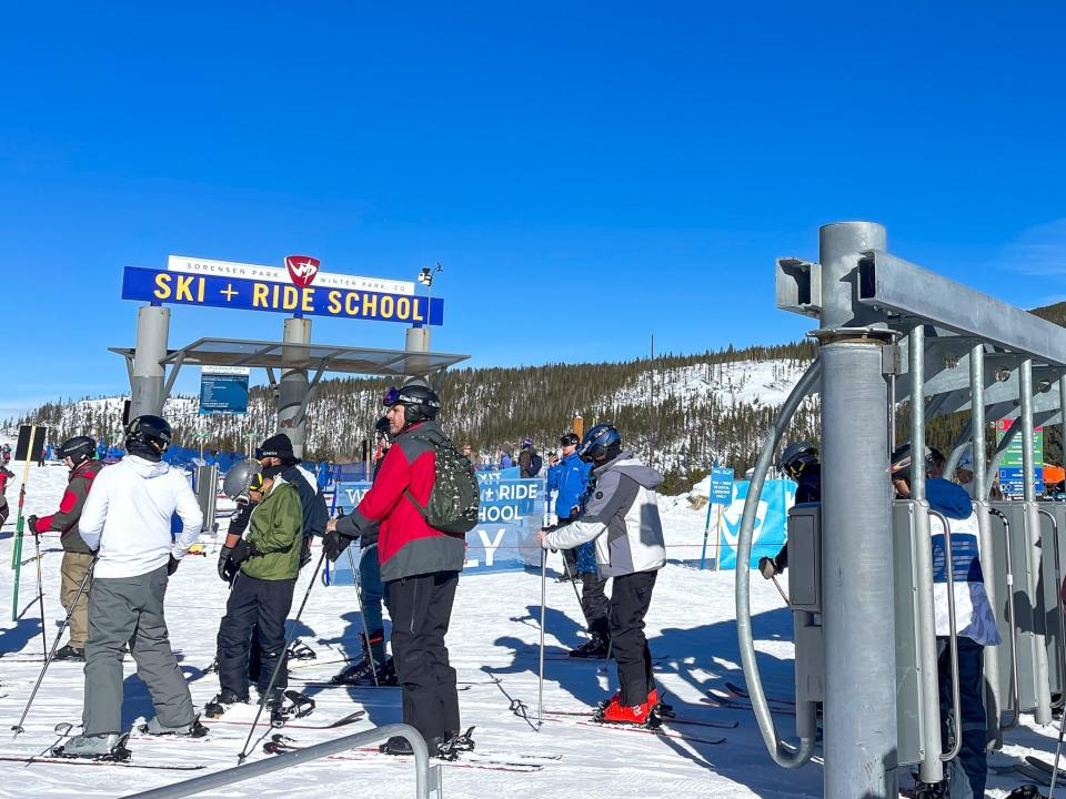 A sign for the ski school area at the Winter Park Resort.