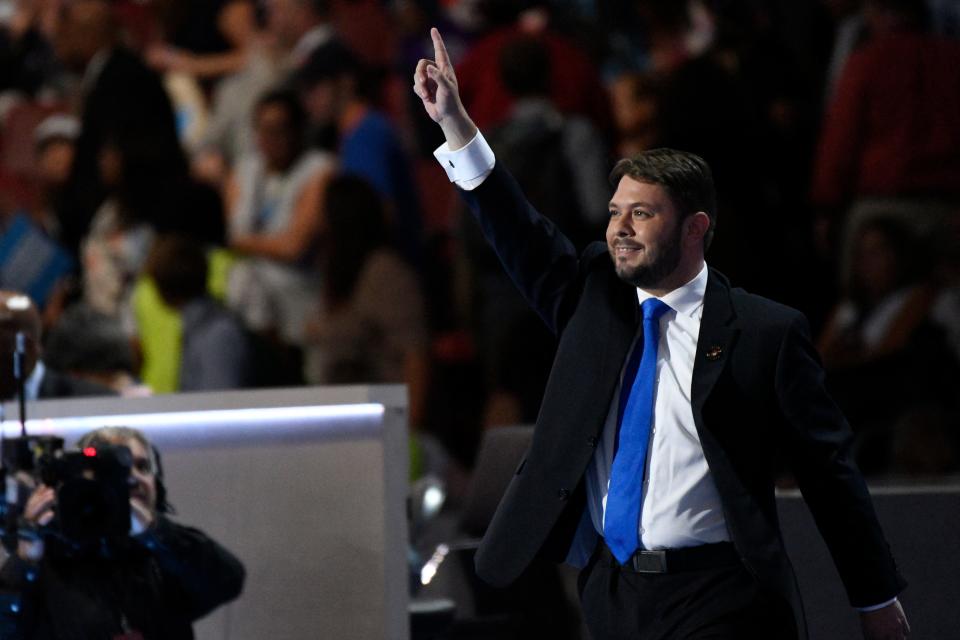 Rep. Ruben Gallego, D-AZ, takes the stage during the 2016 Democratic National Convention.