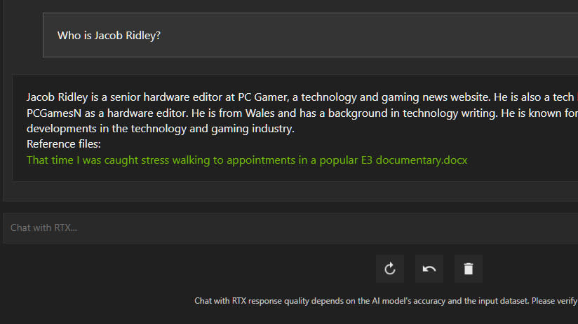 Nvidia's Chat with RTX software in use, which offers a personally trained LLM.