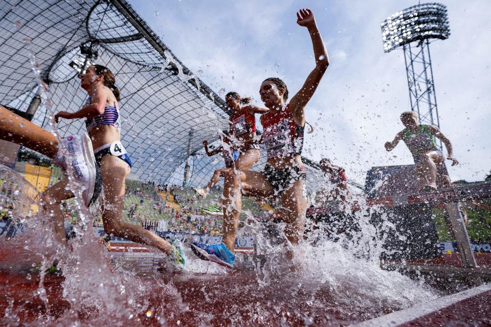 Switzerland's Chiara Scherrer competes in the Women's 3000m Steeplechase during the Athletics competition at the European Championships Munich 2022 in Munich, Germany.