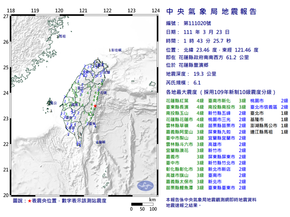 01:43花蓮縣豐濱鄉又發生規模6.1地震（氣象局）