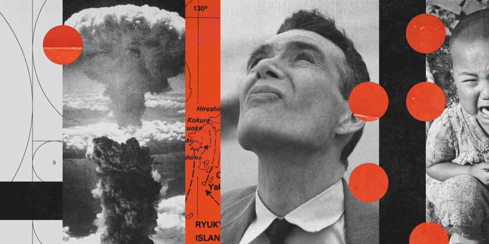 Photo illustration of the atomic bomb dropped on Hiroshima in 1945; maps detailing the bomb sites over Japan; Cillian Murphy in 