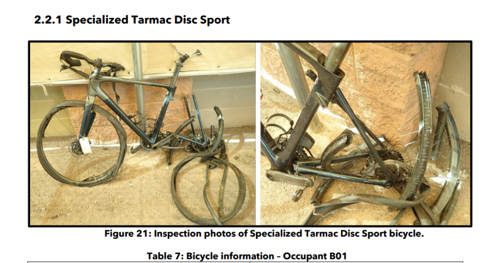 The National Transportation Safety Board report included photos of crushed bikes owned by the cyclists on South Cotton Lane Bridge crash.