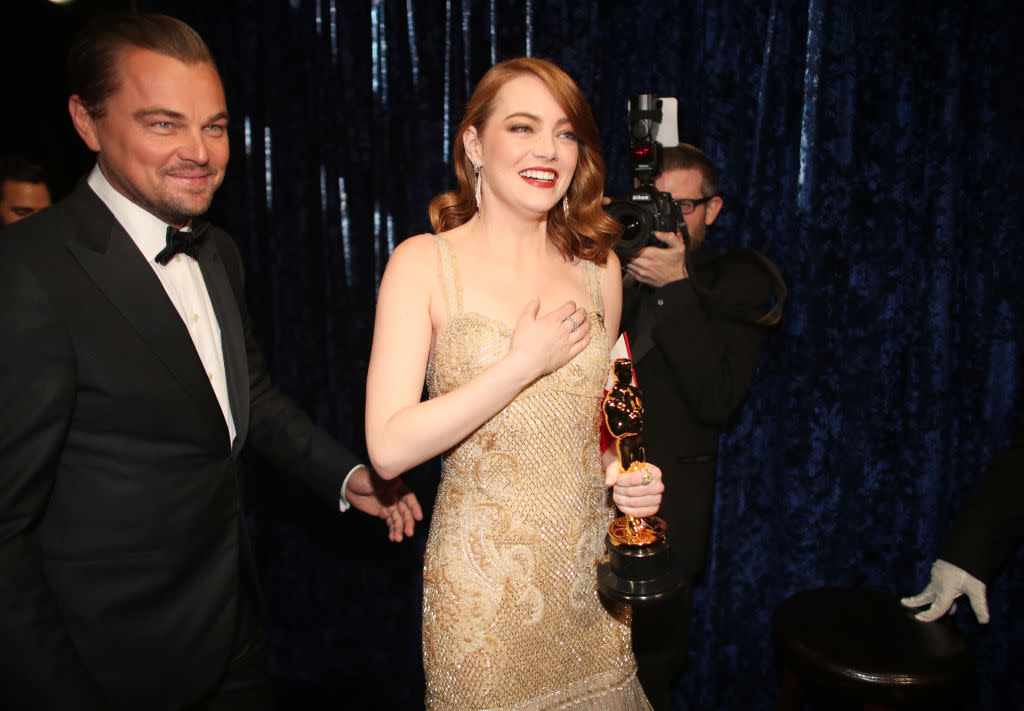 Leonardo DiCaprio appears alongside Emma Stone backstage, after presenting her with the Best Actress Oscar, at the 89th annual Academy Awards on Feb. 26, 2017 in Hollywood, Calif. (Photo: Christopher Polk/Getty Images)
