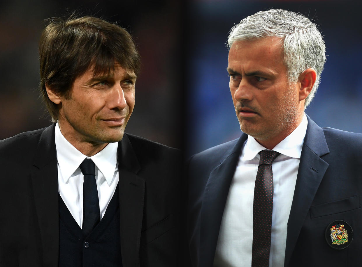Chelsea’s Antonio Conte (left) and Manchester United’s Jose Mourinho won’t stop trading insults. (Getty)