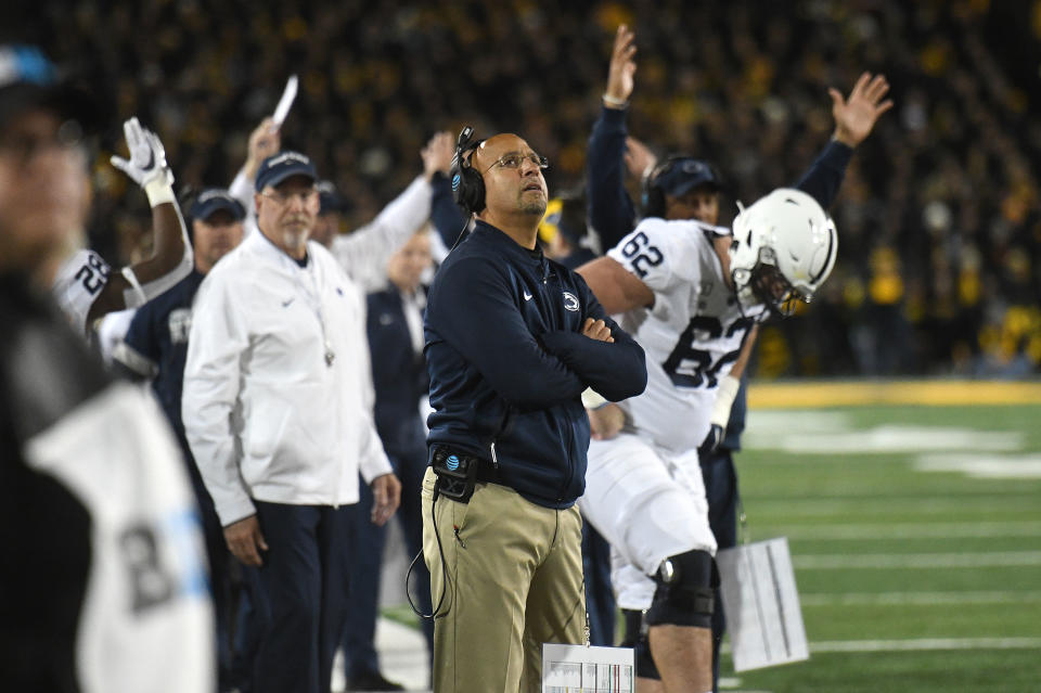 Penn State coach James Franklin watches the replay of an apparent touchdown that was called back during Saturday's game against the Iowa Hawkeyes. (Getty)