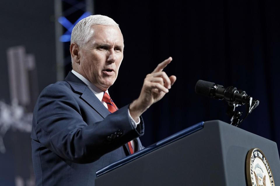 FILE - In this Aug. 23, 2018, file photo, Vice President Mike Pence speaks during a visit to NASA's Johnson Space Center in Houston. Pence says he's "100 percent confident" that no one on his staff was involved with the anonymous New York Times column criticizing President Donald Trump's leadership. (AP Photo/David J. Phillip, File)