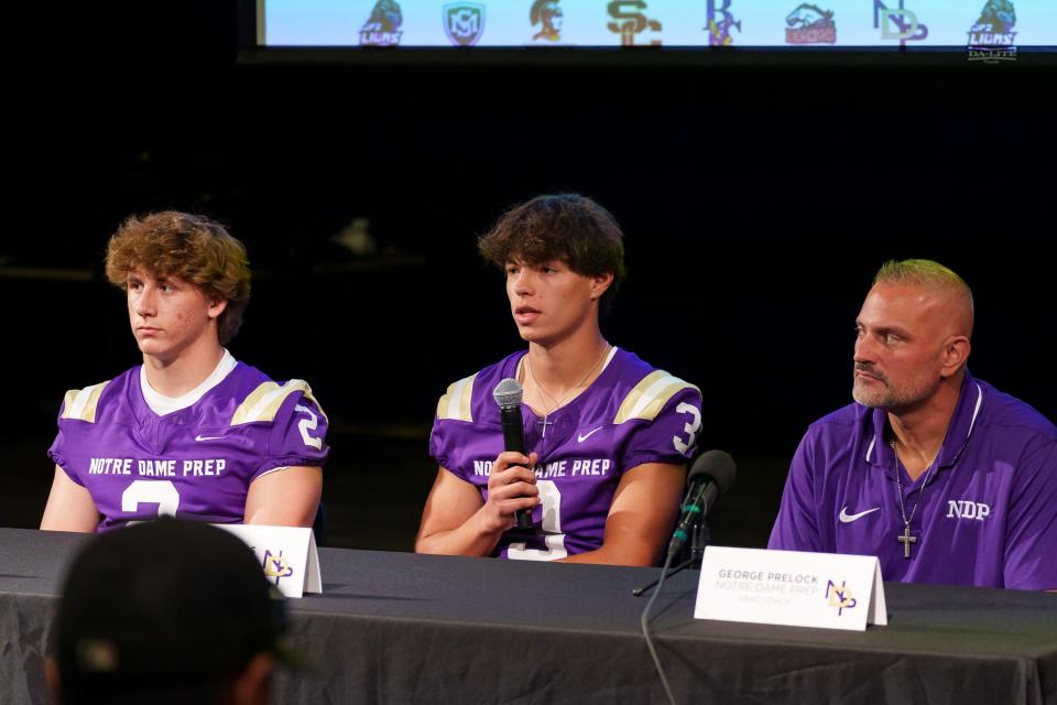 Notre Dame College Preparatory attends Catholic High School Football Media Day at Brophy Prep on August 5, 2023, in Phoenix, AZ. (Left to right) Deacon Shea, Noah Trigueros, and head coach, George Prelock.