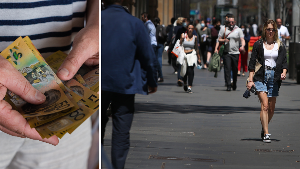 A person holding Australian currency to demonstrate their wages increasing and people crossing a busy street.