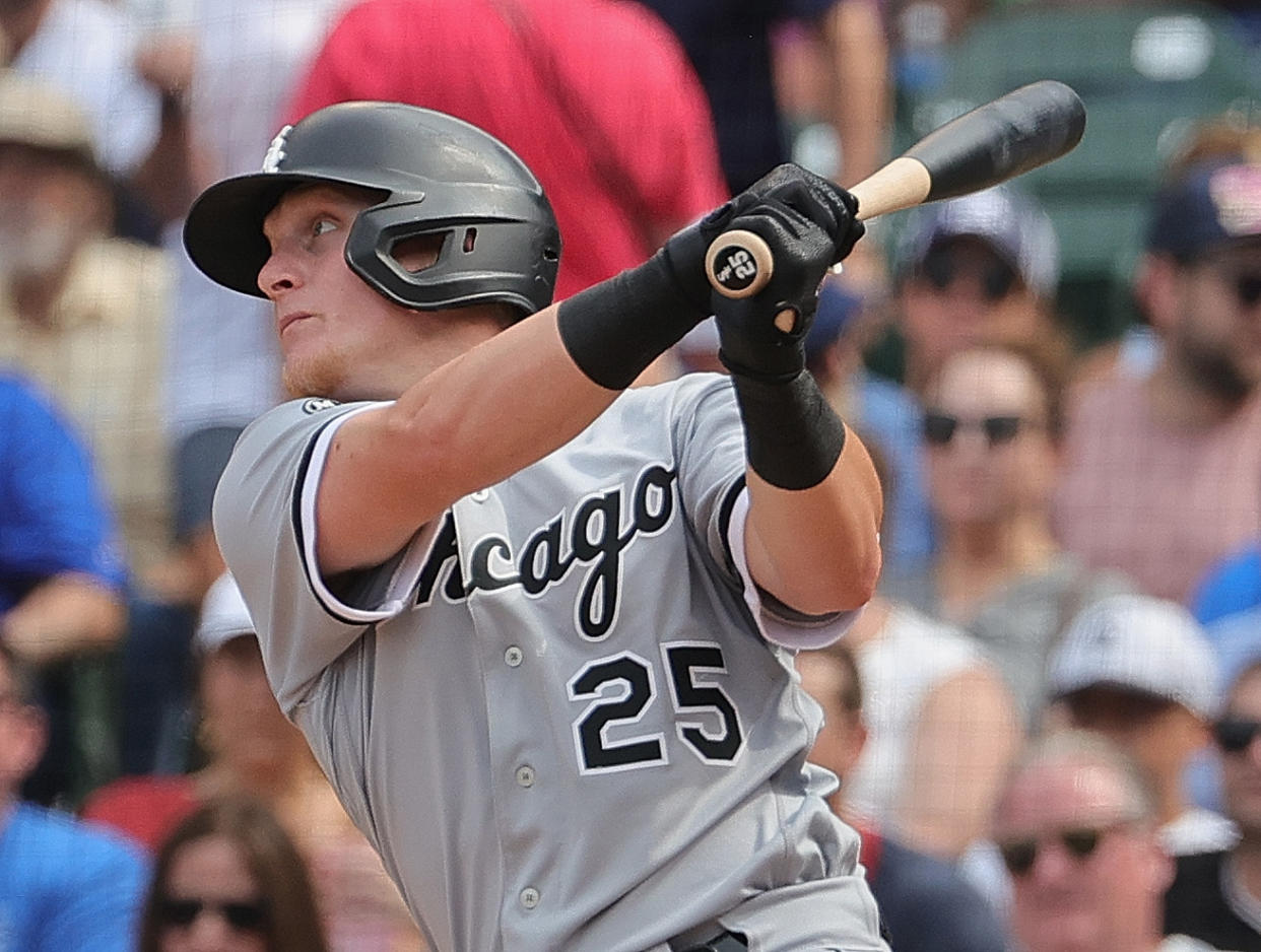 CHICAGO, ILLINOIS - AUGUST 06: Andrew Vaughn #25 of the Chicago White Sox bats against the Chicago Cubs at Wrigley Field on August 06, 2021 in Chicago, Illinois. The White Sox defeated the Cubs 8-6 in 10 innings. (Photo by Jonathan Daniel/Getty Images)