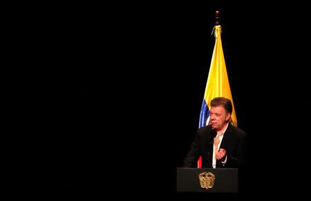 Colombia's President Juan Manuel Santos speaks during celebrations of a year of peace signing in Bogota, Colombia November 24, 2017. REUTERS/Jaime Saldarriaga