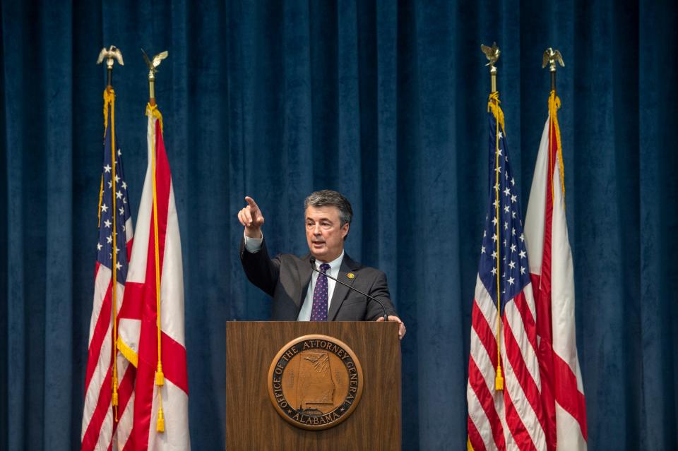 Alabama Attorney General Steve Marshall answers questions during a press conference at the Attorney General’s office in Montgomery, Ala., on Monday, Dec. 5, 2022.