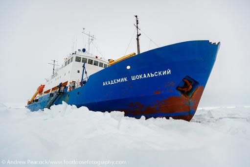 This photo, taken by Andrew Peacock of www.footloosefotography.com on December 27, 2013, shows the ship MV Akademik Shokalskiy trapped in the ice at sea off Antarctica