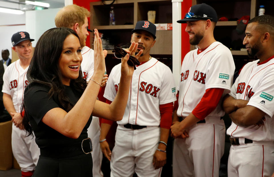 LONDON, ENGLAND - JUNE 29:  Prince Harry, Duke of Sussex and Meghan, Duchess of Sussex meet members of the Boston Red Sox before their game against the New York Yankees at London Stadium on June 29, 2019 in London, England. The game is in support of the Invictus Games Foundation. (Photo by Peter Nicholls - WPA Pool/Getty Images)