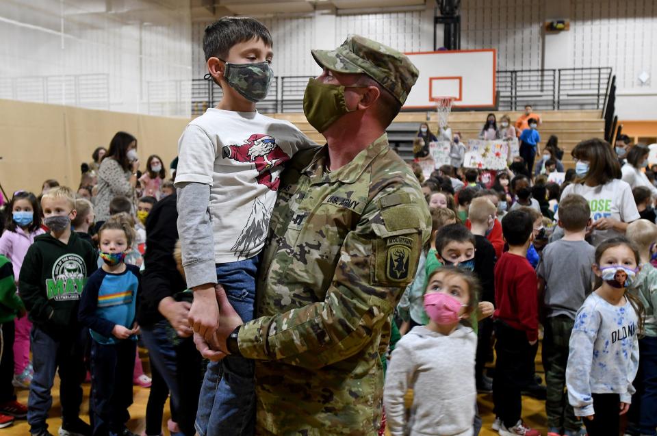 Seven-year-old Maverick Pappas was surprised by his father, Army National Guard Capt. Lee Pappas, who came home for Christmas on Friday in Holden. Pappas, who had been away for 10 months, surprised his son at Dr. Leroy E. Mayo Elementary School during a “Choose To Be Nice” assembly.