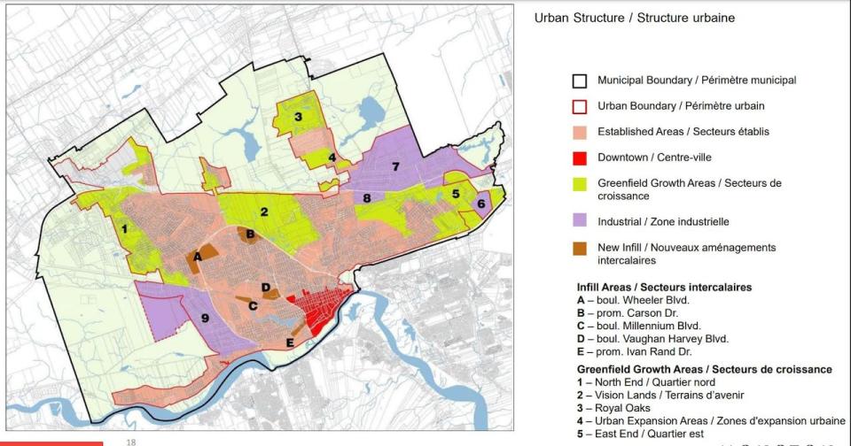 The strategy calls for in-fill development in areas like around Wheeler Boulevard, Vaughan Harvey Boulevard, Millennium Boulevard and Ivan Rand Drive. Greenfield sites are the Vision Lands, the north end, east end and Royal Oaks subdivision.