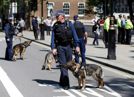 Police dogs are deployed during demonstrations outside Downing Street ahead of the visit by Turkey's President Recep Tayyip Erdogan, in London, Britain, May 15, 2018. REUTERS/Peter Nicholls