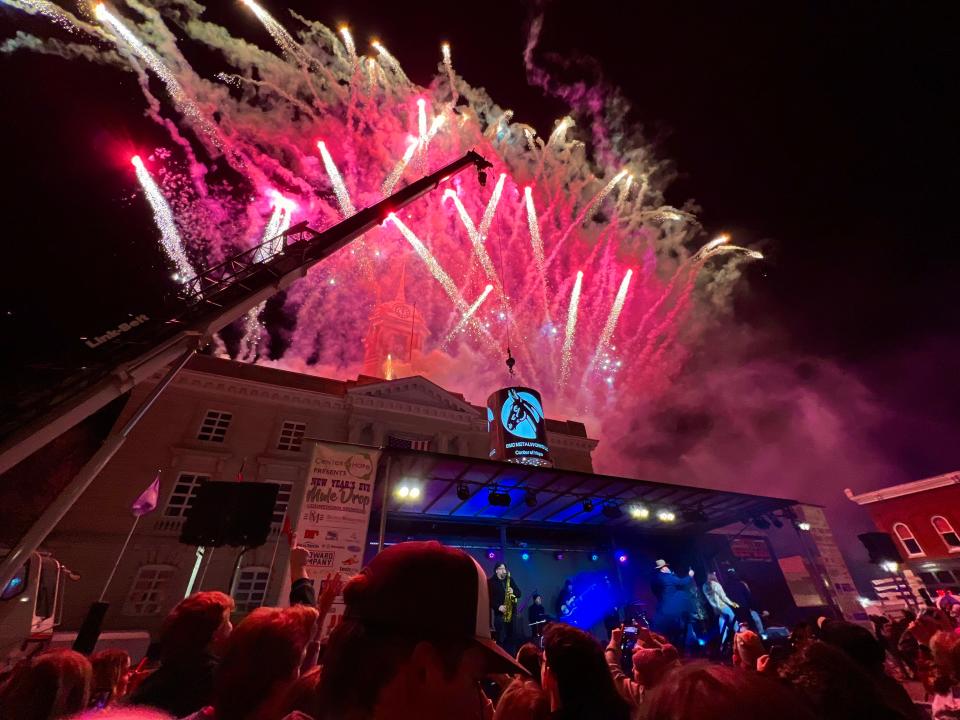 Fireworks ignite over downtown Columbia during the fifth annual New Year's Eve Mule Drop on Sunday, Dec. 31, 2023.