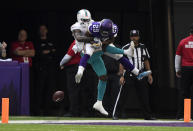 <p>Xavier Rhodes #29 of the Minnesota Vikings breaks up a pass to DeVante Parker #11 of the Miami Dolphins in the second quarter of the game at U.S. Bank Stadium on December 16, 2018 in Minneapolis, Minnesota. (Photo by Hannah Foslien/Getty Images) </p>