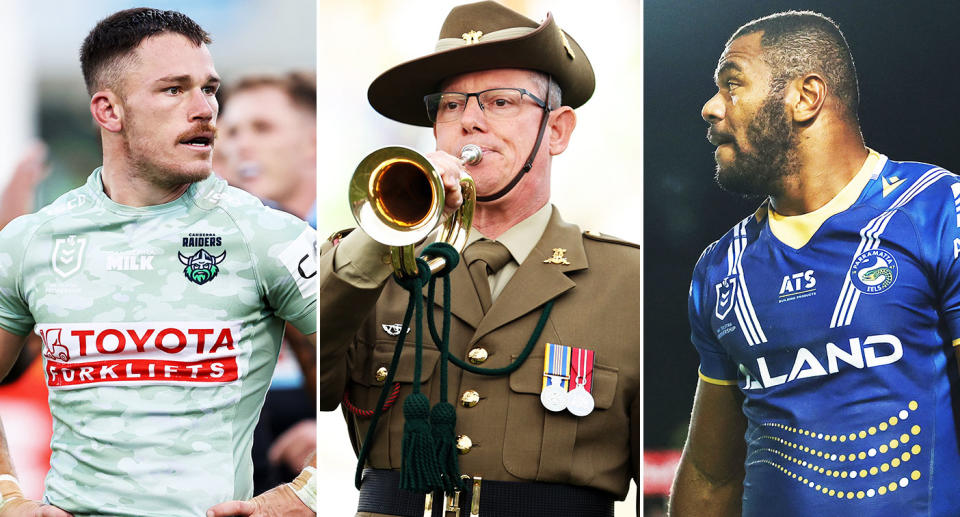 From left to right, Canberra's Anzac round clash against Cronulla and Maika Sivo playing for the Eels.