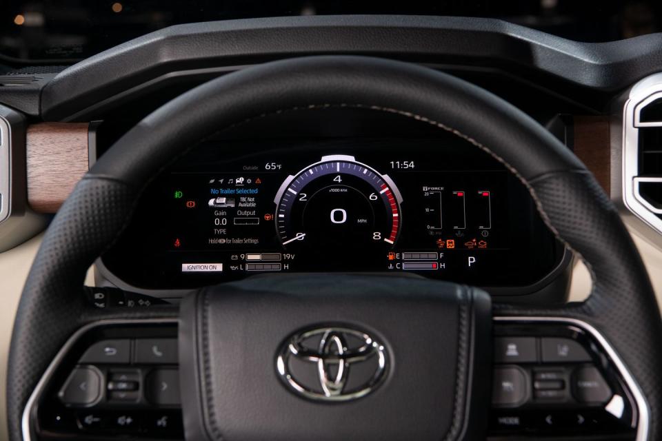 <p>This 12.3-inch digital gauge cluster is standard on the Platinum, 1794, and TRD Pro models, and comes on the Limited when the truck is equipped with the iForce Max hybrid powertrain. On startup, it displays one of five different national parks, and can show things like towing info, pitch and roll, and engine performance. </p>