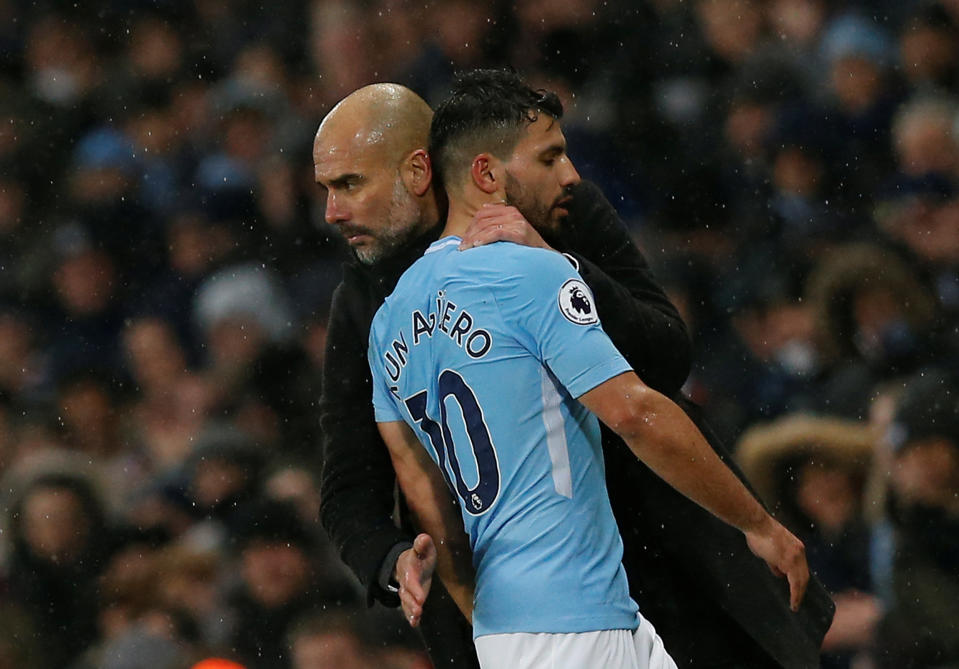 Manchester City’s Sergio Aguero with manager Pep Guardiola as he is substituted (REUTERS/Andrew Yates)