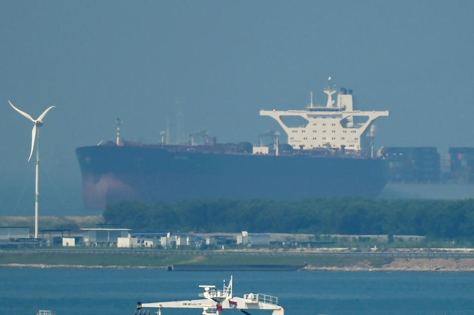 The crude oil tanker Nautica is pictured at an anchorage in Singapore on April 18, 2023, on its way from China to Yemen. - The supertanker crude carrier Nautica bought by the United Nations to remove oil from a ship abandoned off war-ravaged Yemen's coast is on its way from China, the UN has said, calling it a 