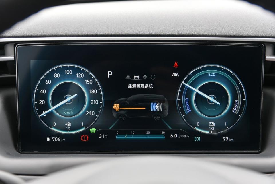 油電車型的10.25吋數位儀錶有Eco與Sport兩種不同顯示背光，且右邊改為油電系統即時作動顯示，中間螢幕也改成為中文化顯示介面。