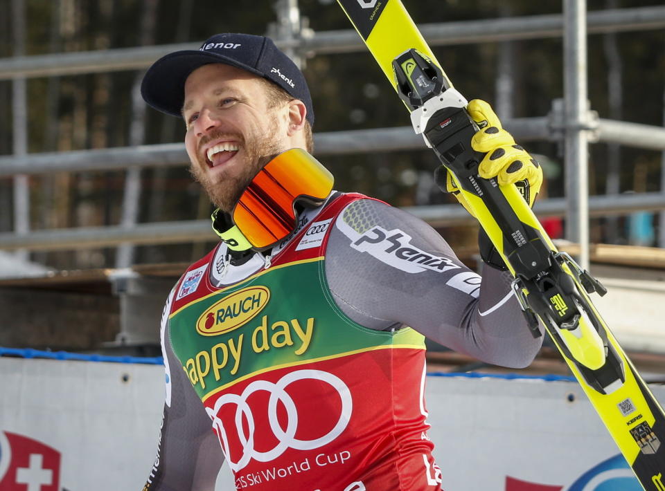 Kjetil Jansrud, of Norway, celebrates his victory in the men's World Cup super-G ski race at Lake Louise, Alberta, Sunday, Nov. 25, 2018. (Jeff McIntosh/The Canadian Press via AP)