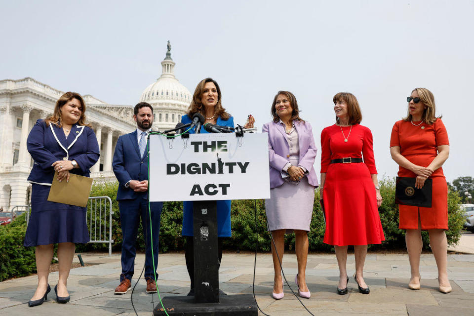 Rep. María Elvira Salazar speaks during a press conference about immigration outside the Capitol on May 23, 2023, in Washington, D.C. / Credit: Anna Moneymaker/Getty Images