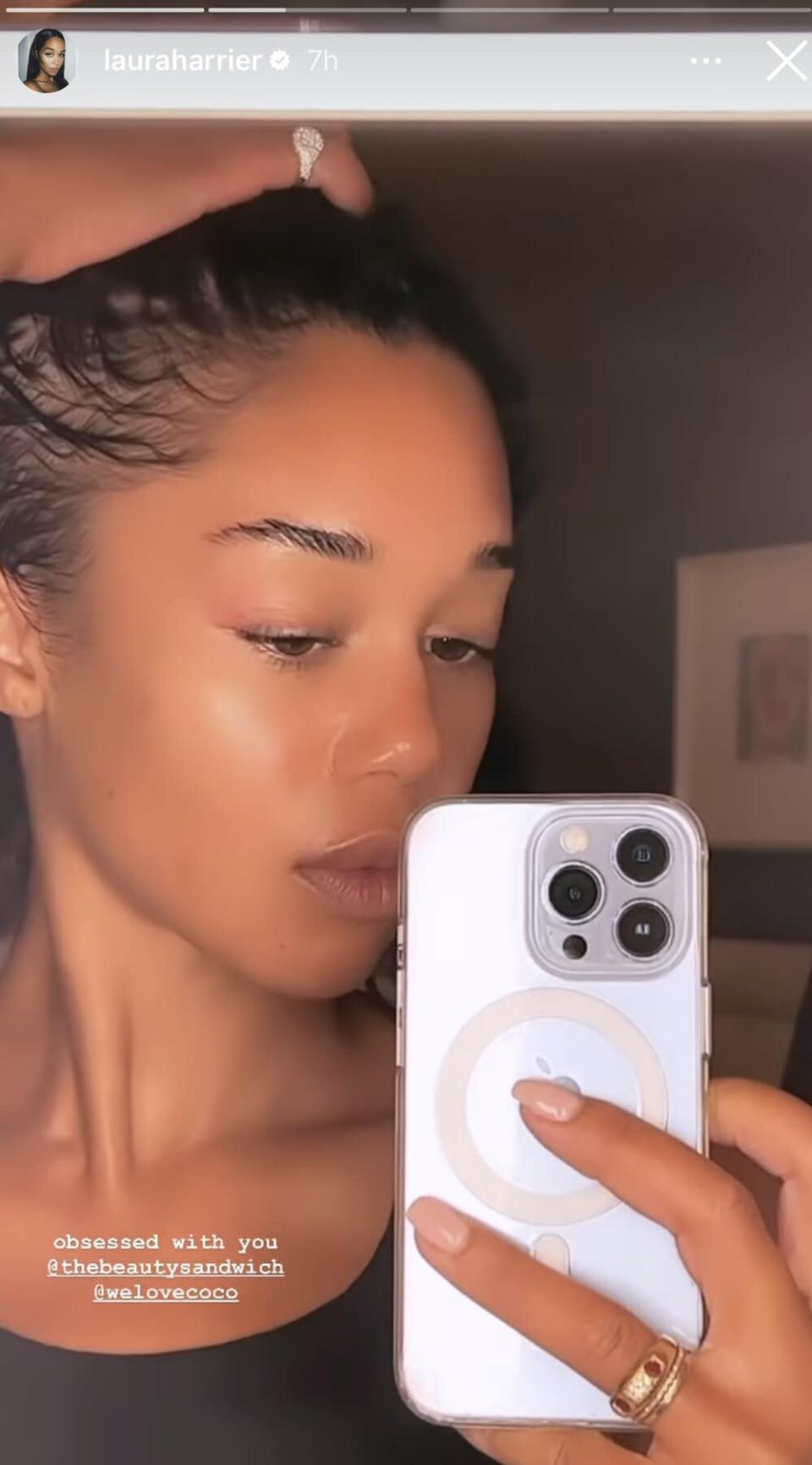 Laura Harrier shows off her pre Met Gala facial through the beauty sandwich on instagram stories