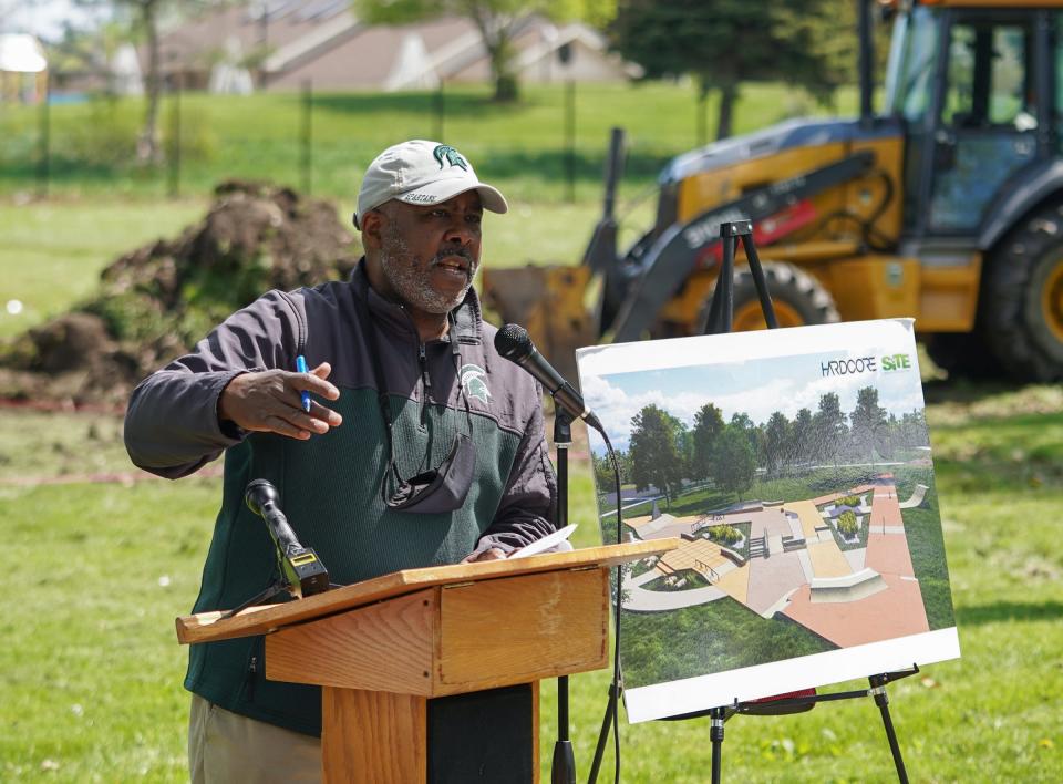 Chandler Park Conservancy President Alex J. Allen III speaks during a skate park groundbreaking ceremony May 7, 2021.