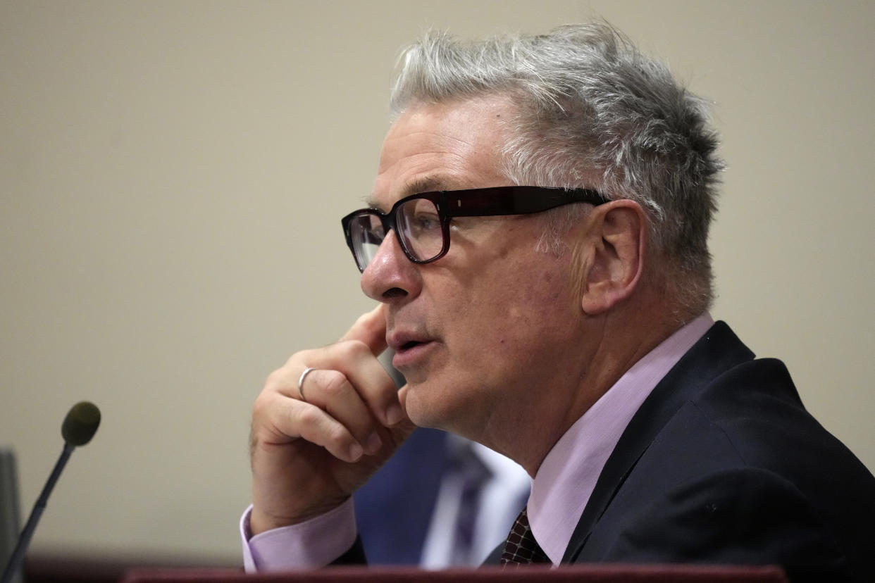 Actor Alec Baldwin listens during his hearing at Santa Fe County District Court on July 10 in Santa Fe, N.M.