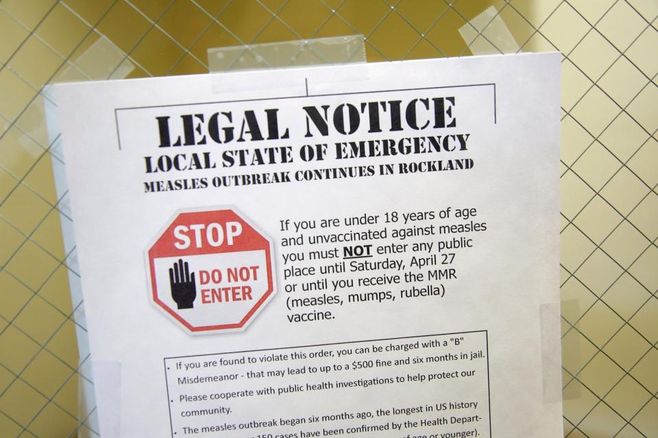 a sign explaining the local state of emergency because of a measles outbreak at the Rockland County Health Department in Pomona, N.Y. (AP)