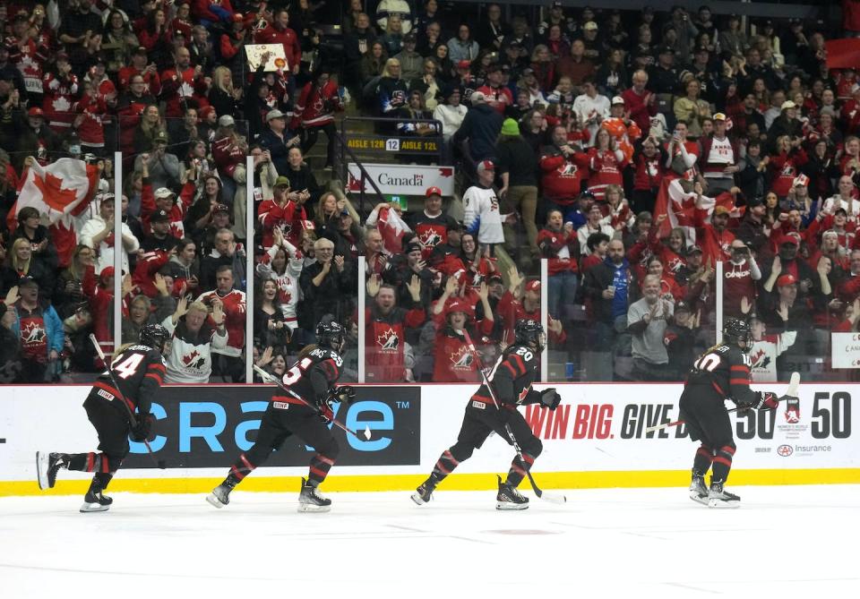 Canada forward Sarah Fillier (right) celebrates with teammates after scoring against the U.S. during the IIHF Women’s World Hockey Championship in Brampton, Ont. on April 10, 2023. THE CANADIAN PRESS/Nathan Denette