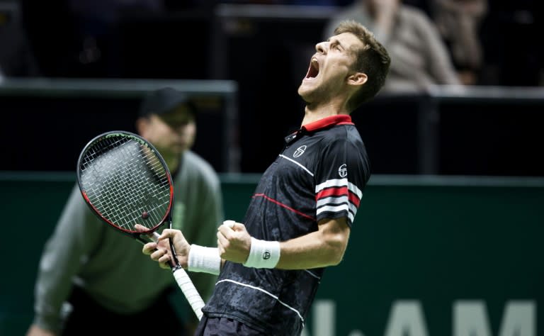 Martin Klizan of Slovakia reacts during his match against Roberto Bautista Agut of Spain in the quarterfinals of the ABN AMRO World Tennis Tournament in Rotterdam, Netherlands, on February 12, 2016