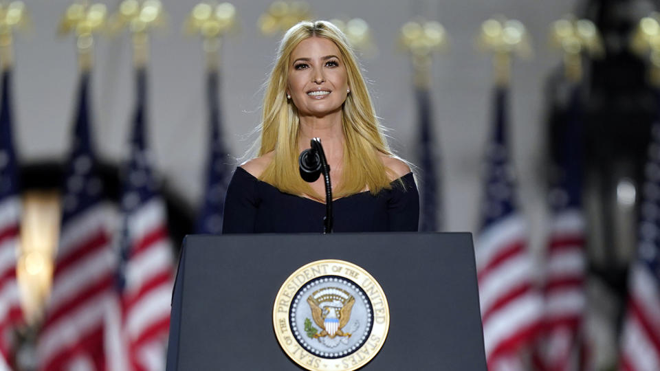 Ivanka Trump speaks to introduce President Donald Trump from the South Lawn of the White House on the fourth day of the Republican National Convention, Thursday, Aug. 27, 2020, in Washington. (Evan Vucci/AP)