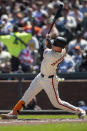 San Francisco Giants' Mike Yastrzemski hits a single during the sixth inning of a baseball game against the Arizona Diamondbacks, Saturday, April 20, 2024, in San Francisco. (AP Photo/Nic Coury)