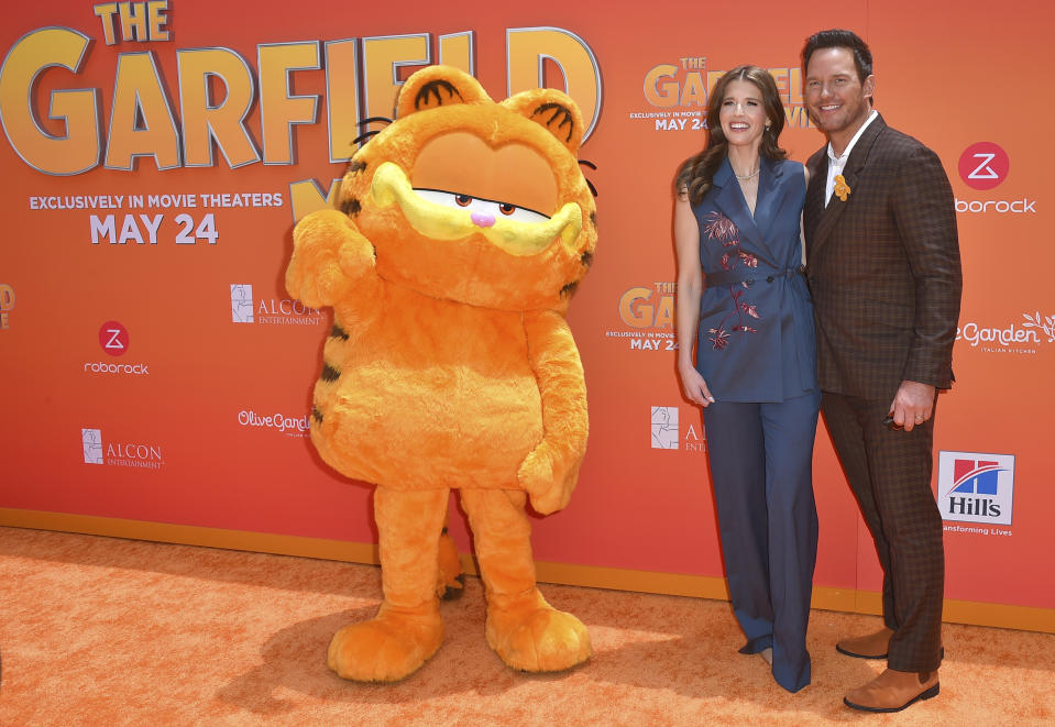 Katherine Schwarzenegger Pratt, left, and Chris Pratt arrive at the premiere of "The Garfield Movie" on Sunday, May 19, 2024, at TCL Chinese Theater in Los Angeles. (Photo by Jordan Strauss/Invision/AP)