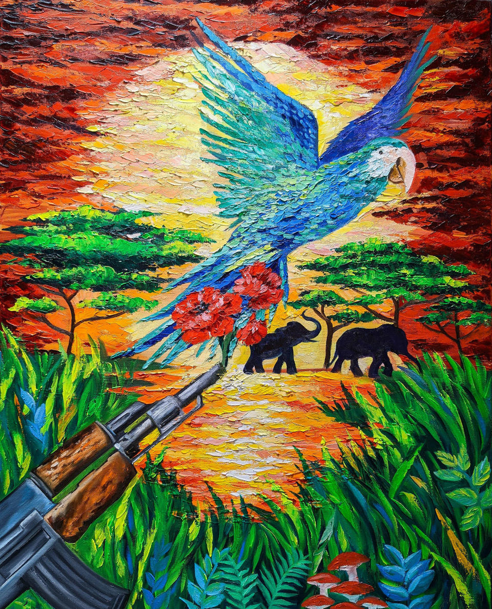 簡鏡倫的作品「槍中之花」，描述野生動物面臨的威脅，期待人類能盡力保護大自然。