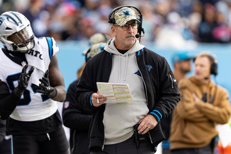 Carolina Panthers head coach Frank Reich watches play during their NFL football game against the Tennessee Titans Sunday, Nov. 26, 2023, in Nashville, Tenn.